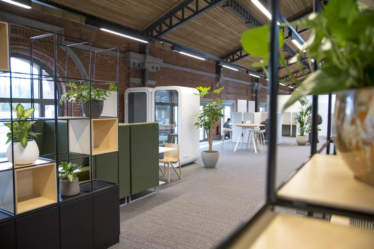 Modern open kantoor in bakstenen pand met akoestische belcellen, planten, werkplekken en industrieel plafond. 
