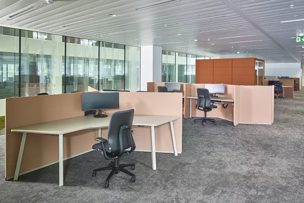 Office interior with ergonomic workstations and acoustic walls